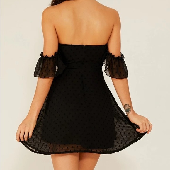 Shein Double Crazy Black Bardot Swiss Dot Frill Drawstring Detail Dress - Picture 3 of 10
